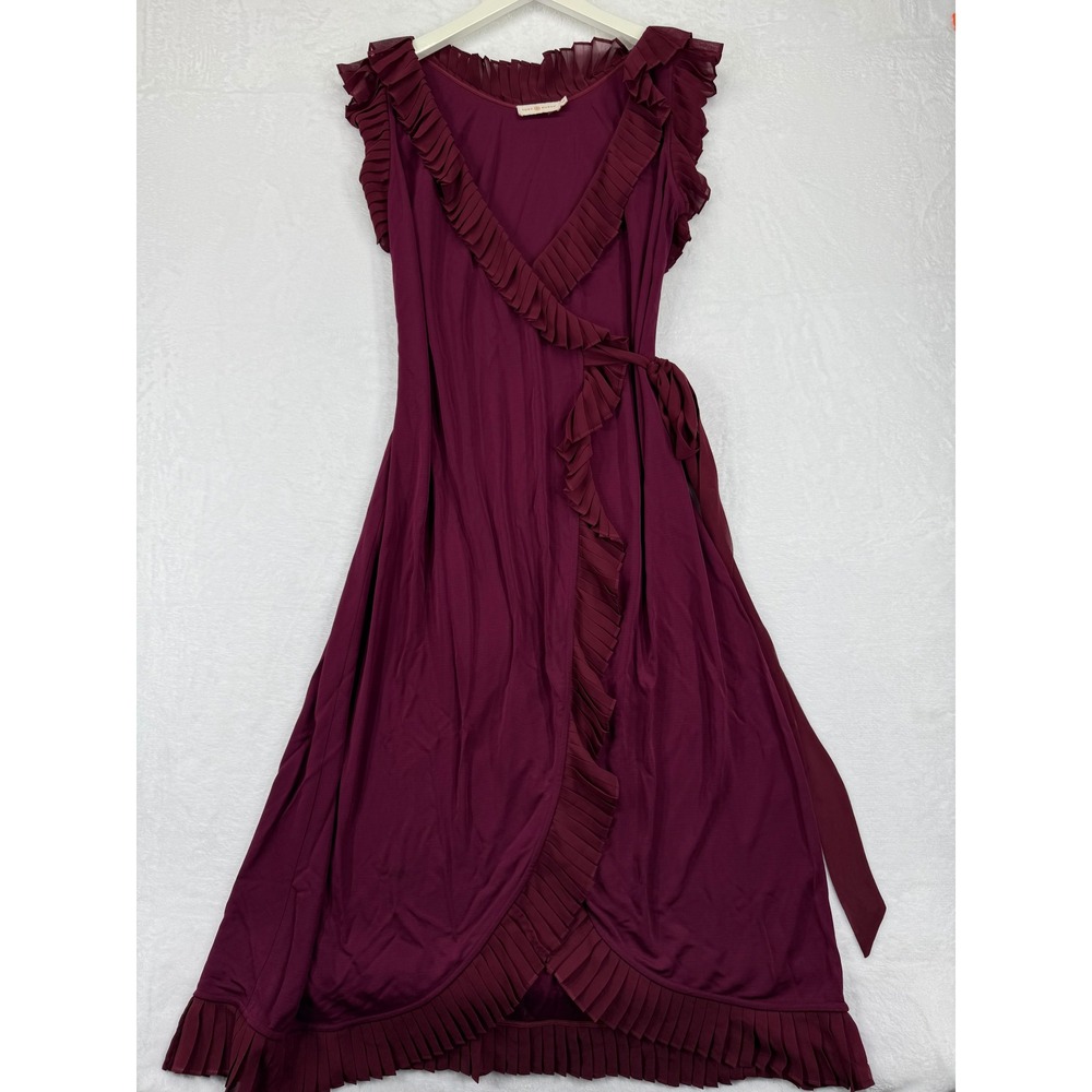 Tory Burch Whitney Wrap ASO Burgundy Pleated Ruffle Wrap Midi Dress S P READ‎